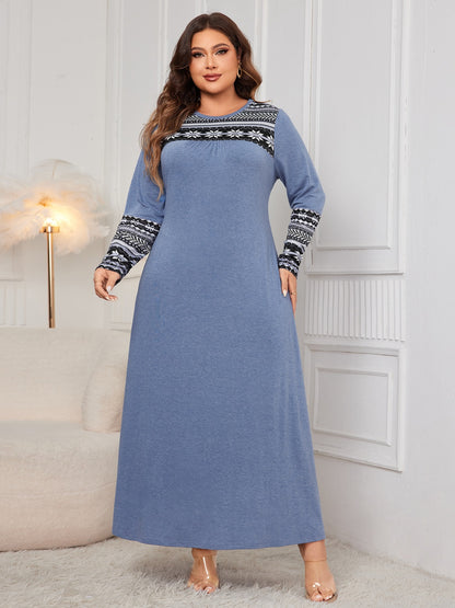 Printed Round Neck Long Sleeve Dress