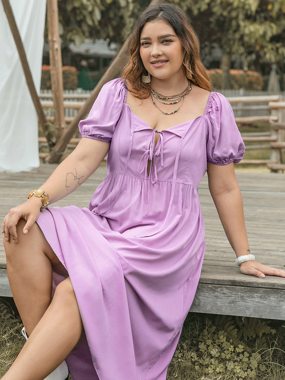 Lavender Tie Neck Short Sleeve Dress