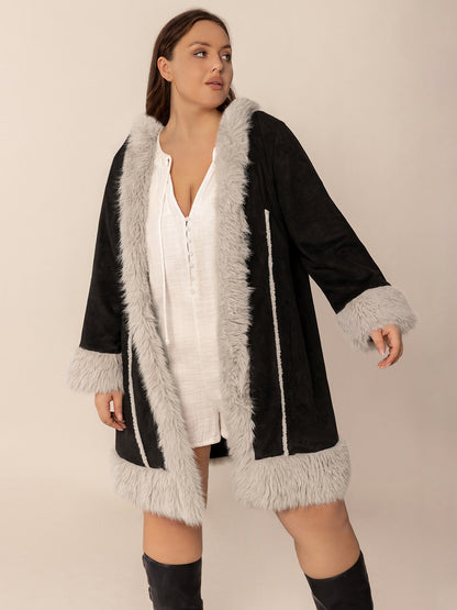 Fuzzy Trim Open Front Hooded Coat