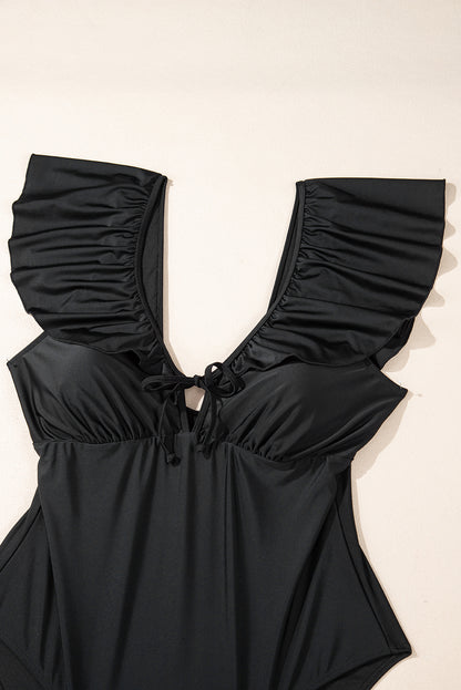 Black Ruffled Sleeve One Piece Swimsuit