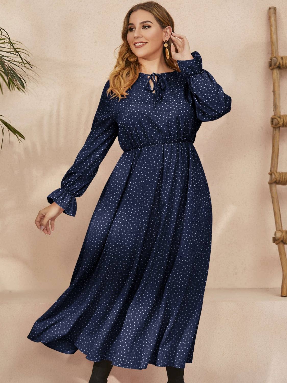 Ruffled Polka Dot Long Sleeve Midi Dress