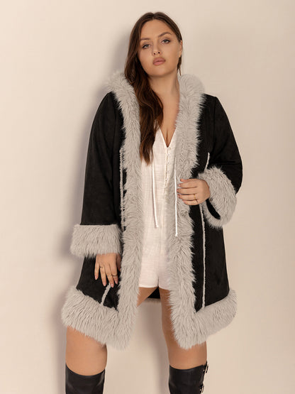 Fuzzy Trim Open Front Hooded Coat