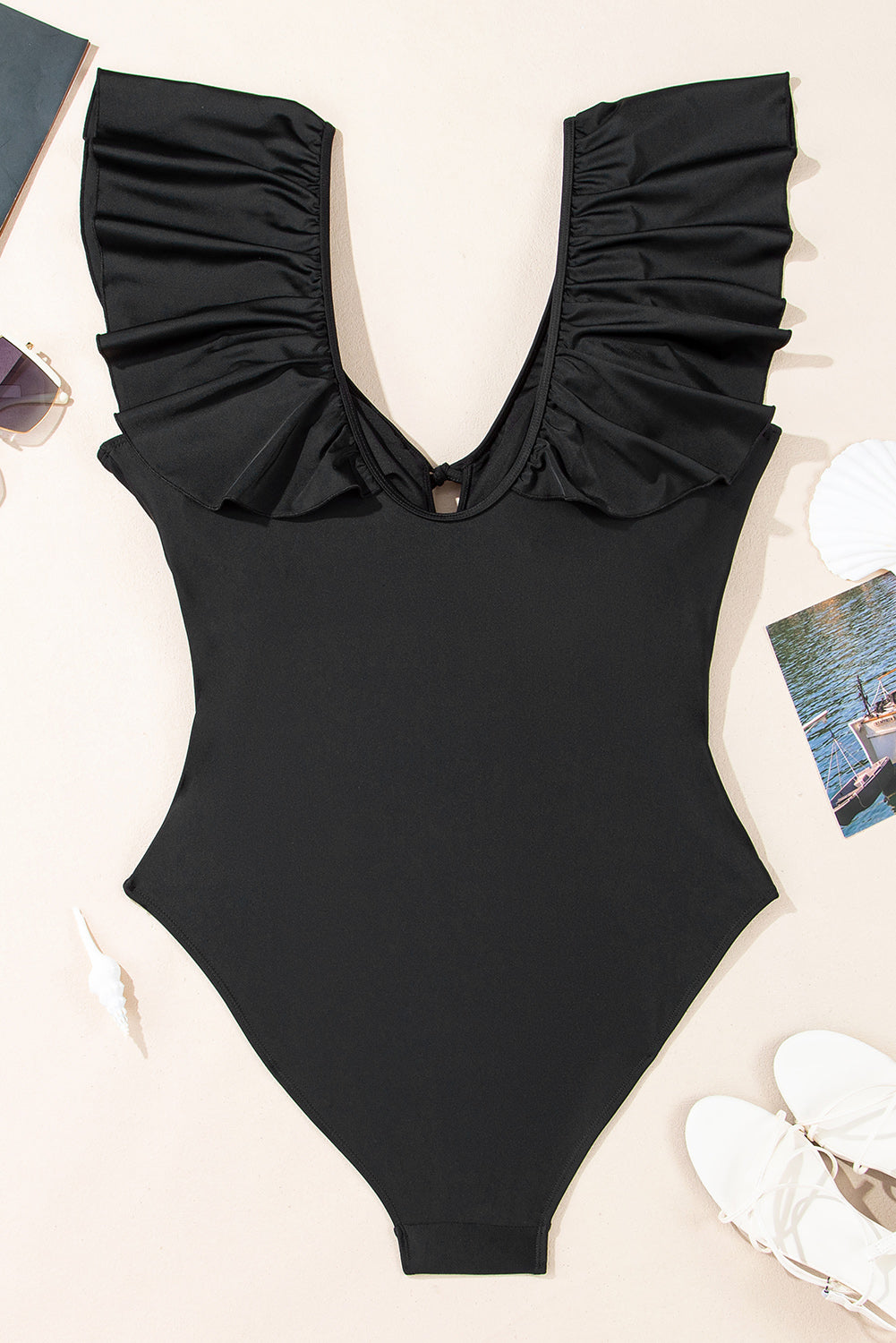 Black Ruffled Sleeve One Piece Swimsuit