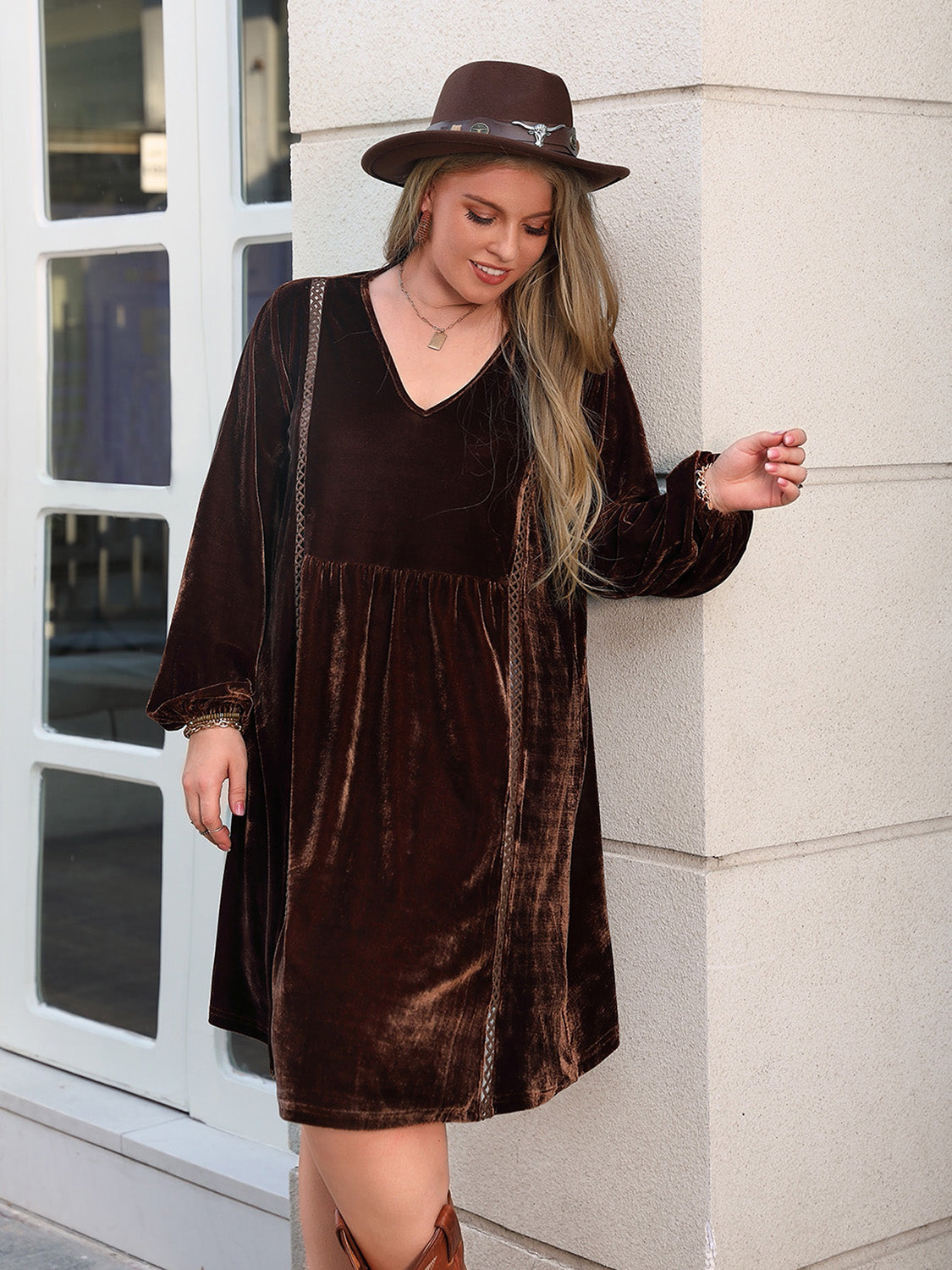 Brown Balloon Sleeves Dress