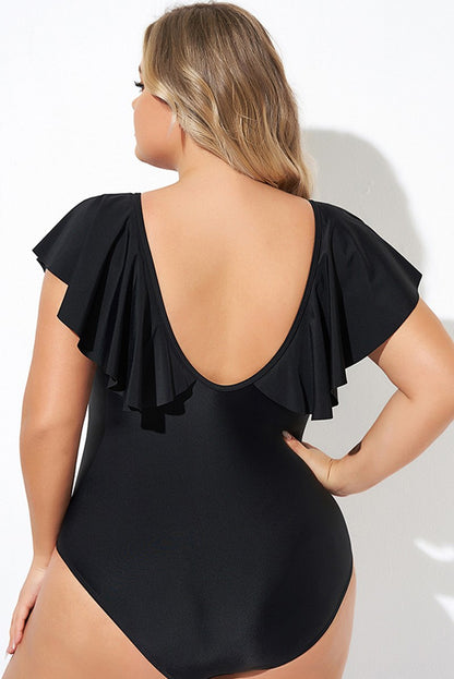 Black Ruffled Sleeve One Piece Swimsuit