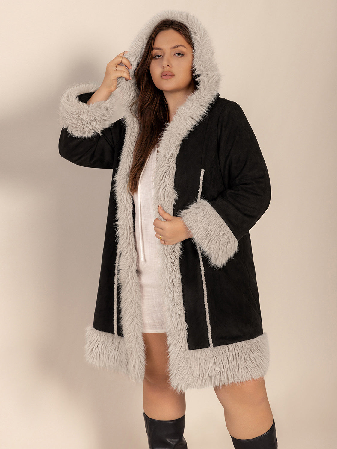 Fuzzy Trim Open Front Hooded Coat