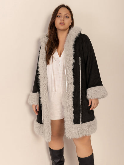 Fuzzy Trim Open Front Hooded Coat