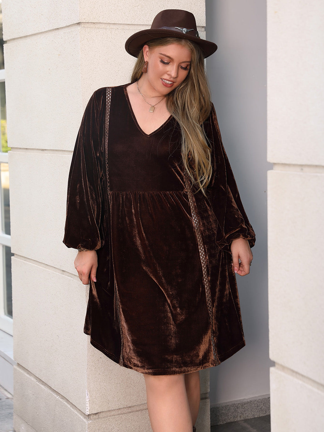 Brown Balloon Sleeves Dress