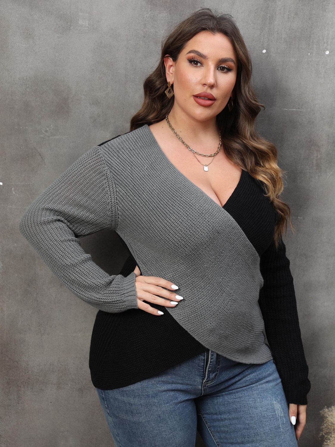 Two-Tone Surplice Neck Sweater