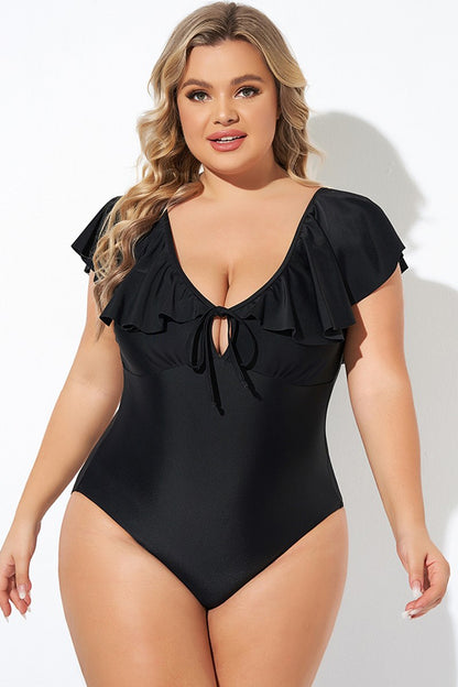 Black Ruffled Sleeve One Piece Swimsuit