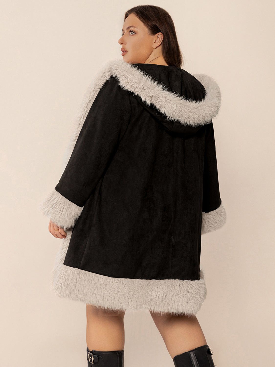 Fuzzy Trim Open Front Hooded Coat