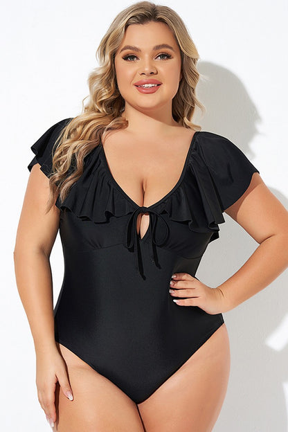 Black Ruffled Sleeve One Piece Swimsuit