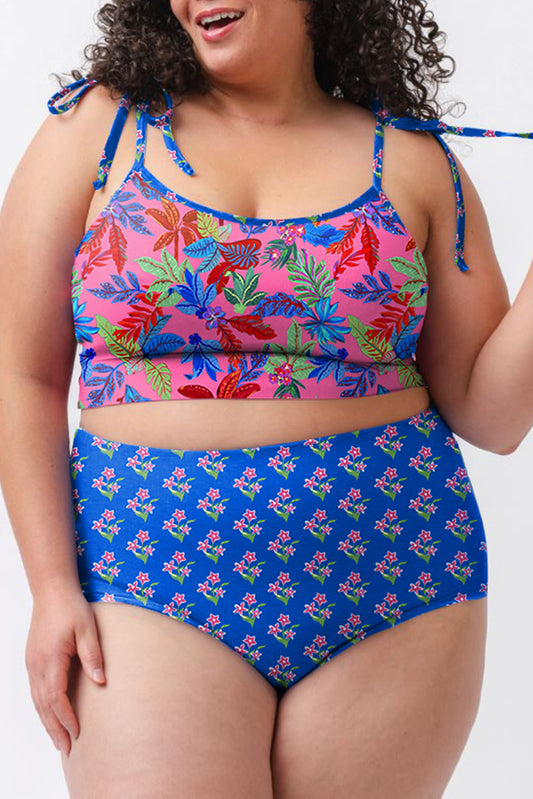 Blue Print Tied Straps Crop Top and High-Waist Bikini