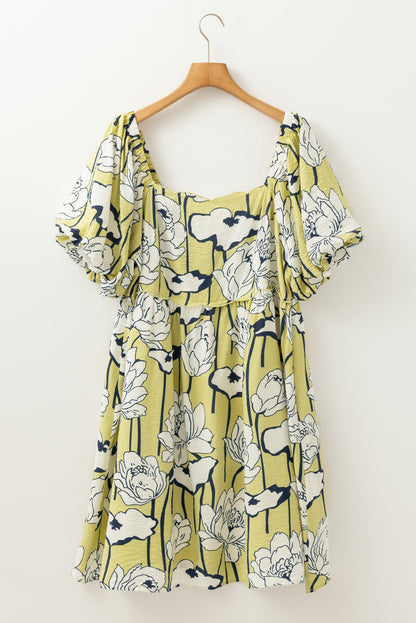 Green Floral Print Puff Sleeve Dress