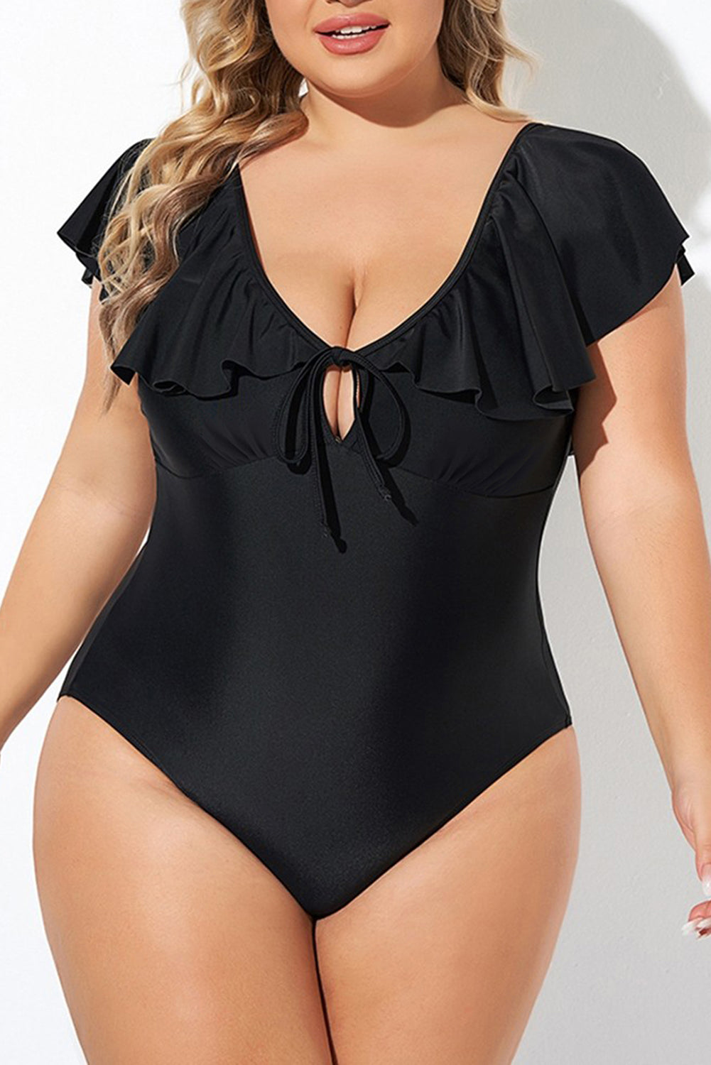 Black Ruffled Sleeve One Piece Swimsuit