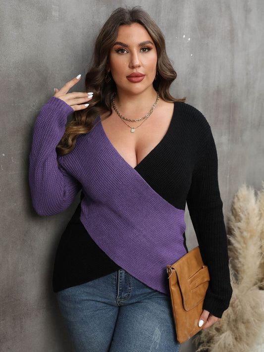 Two-Tone Surplice Neck Sweater