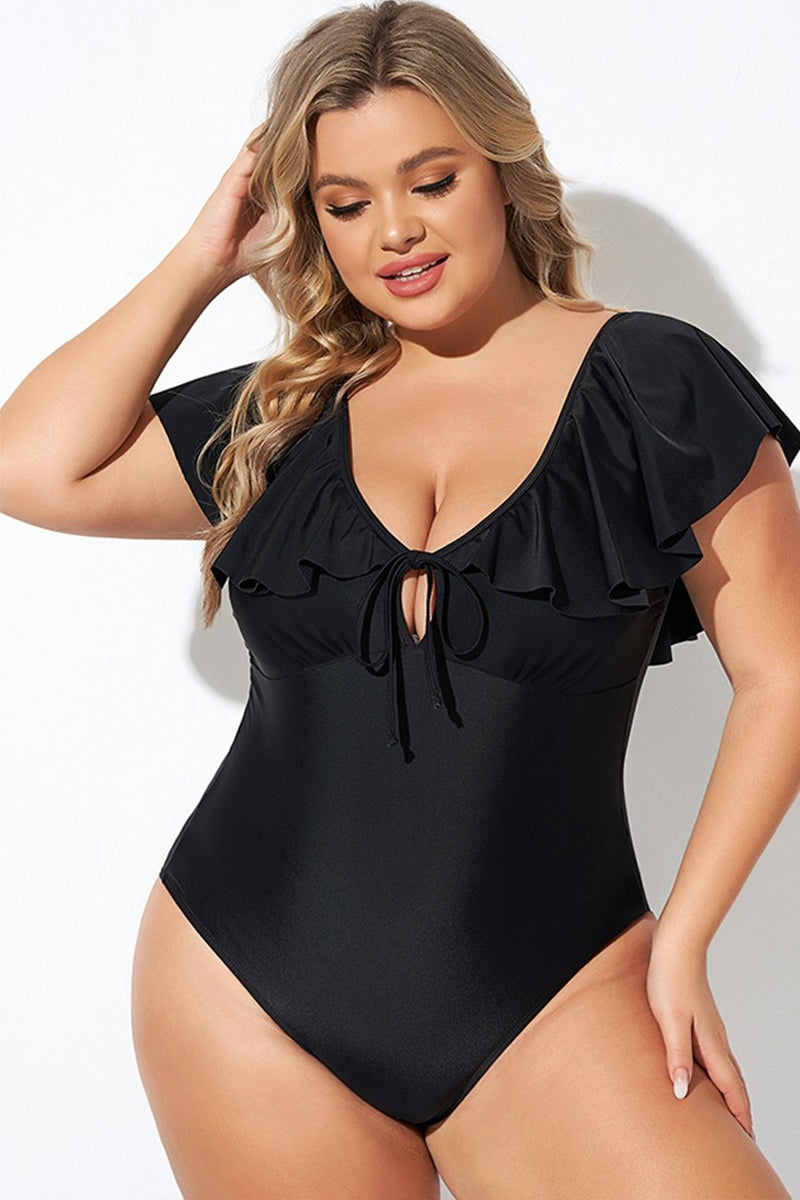 Black Ruffled Sleeve One Piece Swimsuit